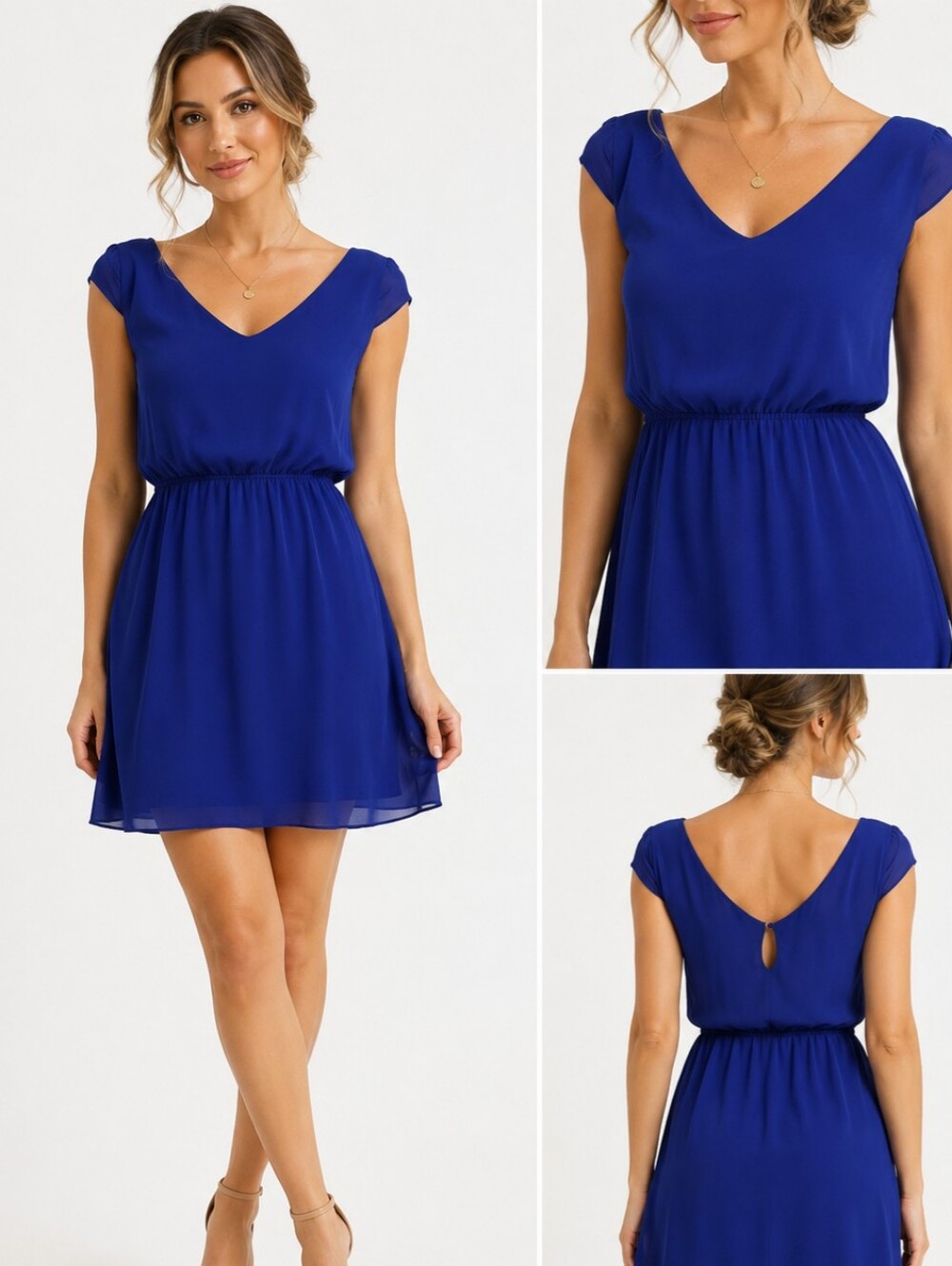 RW&CO. Cobalt Blue V-Neck Elastic Waist Mini Dress